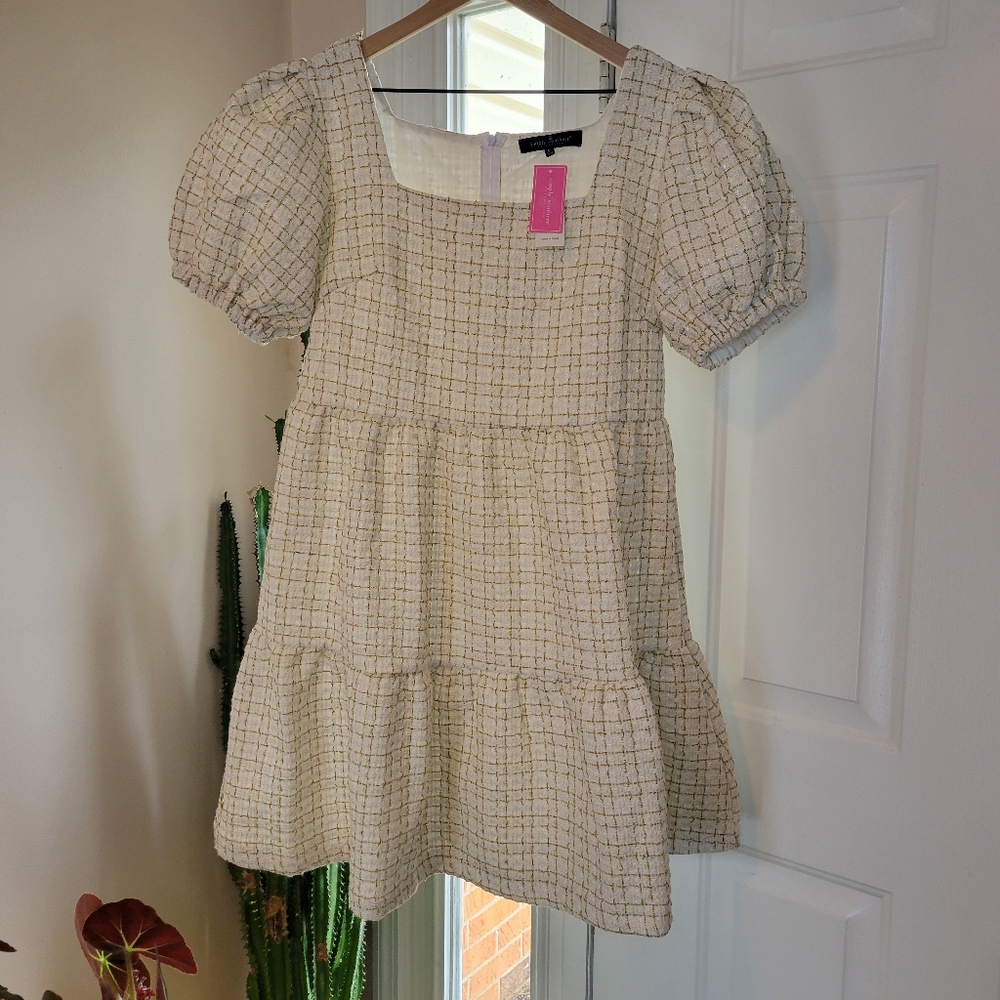 Simply Southern White Tweed Short Puff Sleeve Layered Spring Dress, Size L‎
